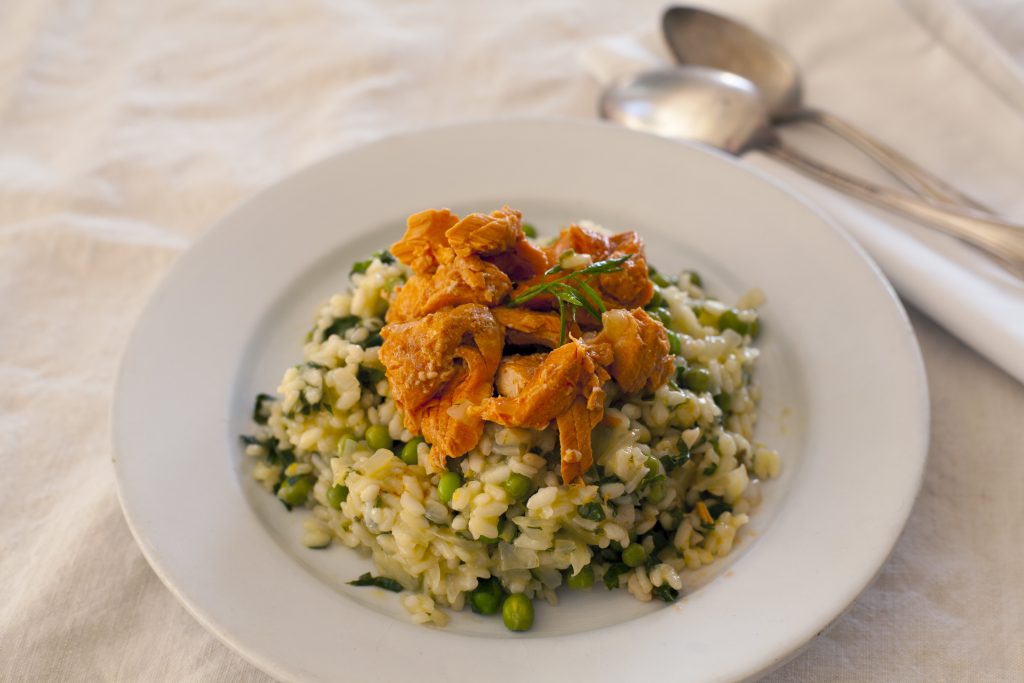 Spring Mushroom and Pea Risotto with Salmon | Pure Alaska Salmon Company