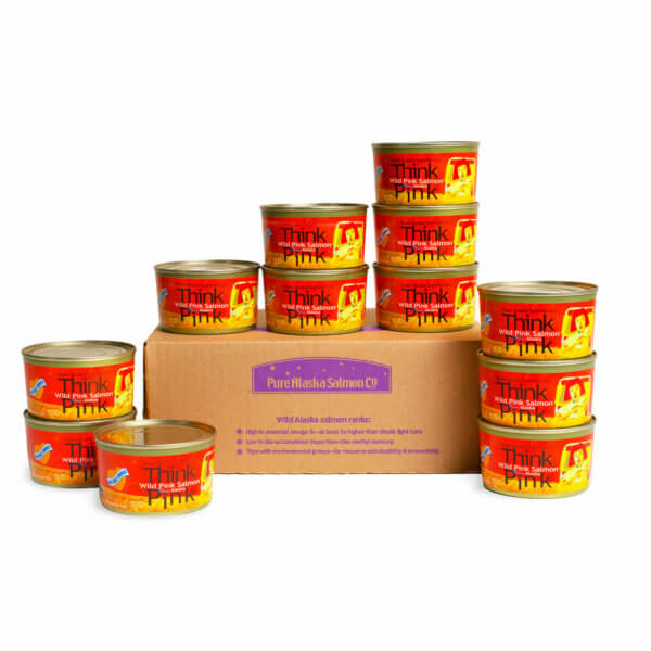 12 cans of ThinkPink no salt added canned salmon with shipping box