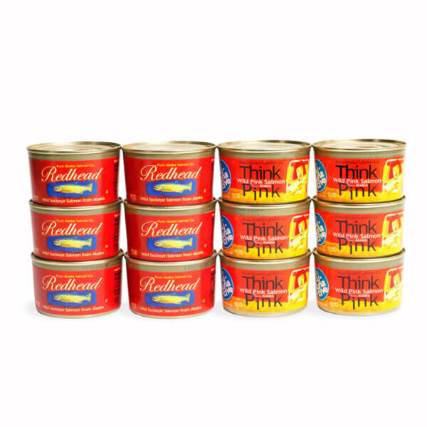6 cans of Redhead and 6 cans of Think Pink traditional canned salmon