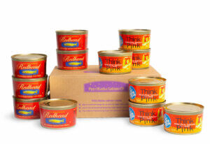 Redhead and Think Pink traditional canned salmon with shipping box
