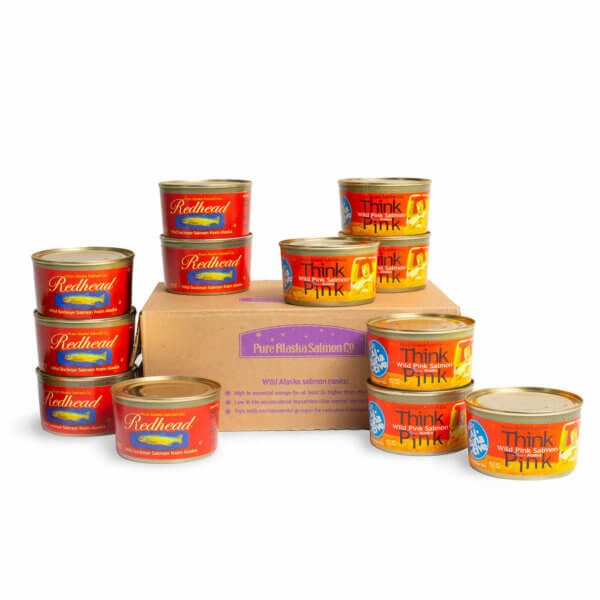 Redhead and Think Pink traditional canned salmon with shipping box