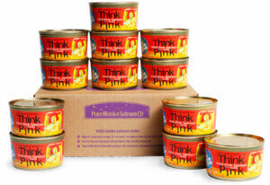 12 cans of ThinkPink traditional canned salmon with shipping box